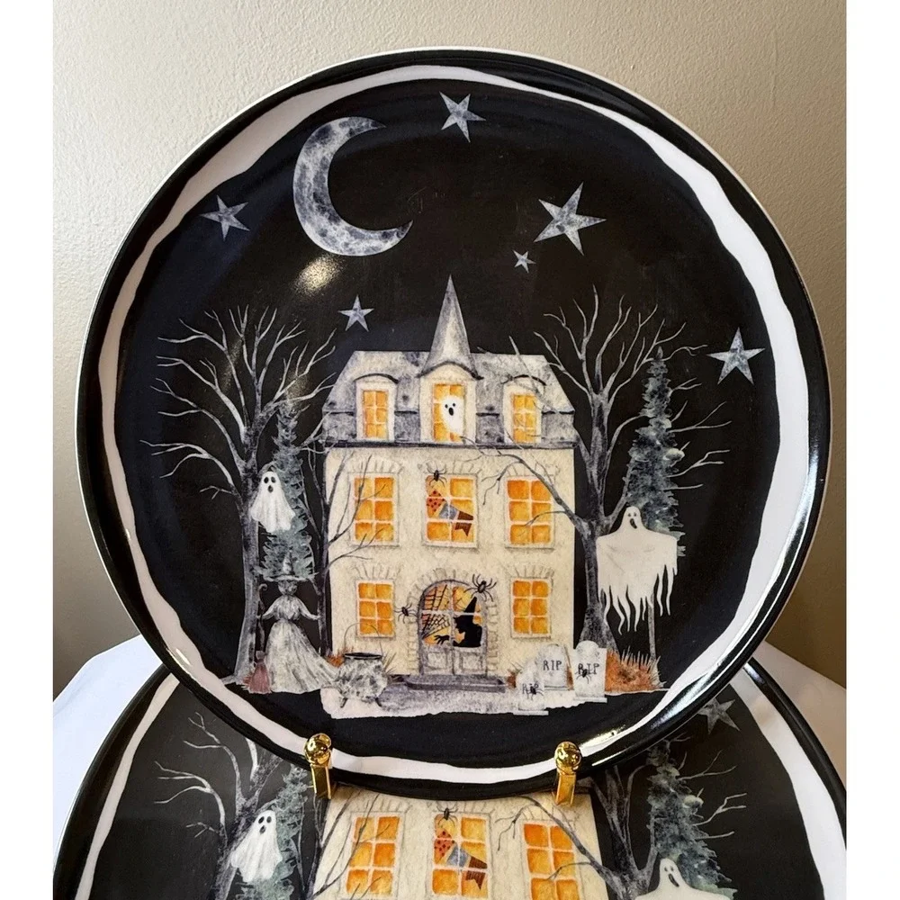 Potter's Studio Halloween‎ Haunted HouseWitch Ghost Black Salad Plates Set 4 New